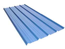 A blue sheet of metal is laying on the ground.