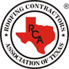 A red and white logo for the roofing contractors association of texas.