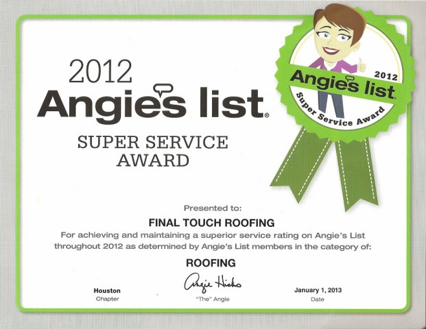 A certificate for the 2 0 1 2 angie 's list super service award.