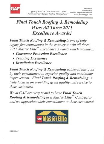 A flyer for the final touch roofing & remodeling excellence awards.