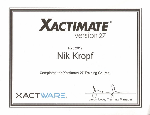 A certificate of completion for an xactimate training course.