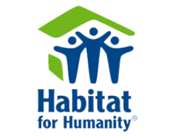 A habitat for humanity logo with three people standing underneath it.