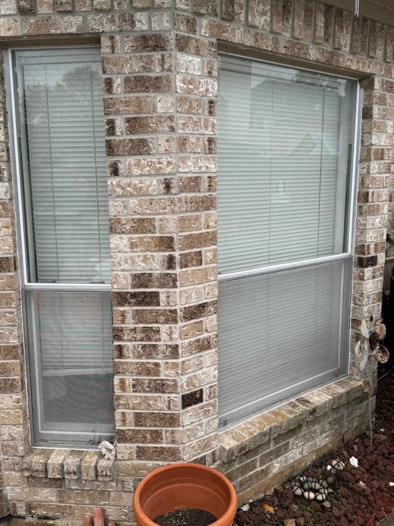 Newly installed window units with window screens are set into a brick exterior wall following professional window replacement services.