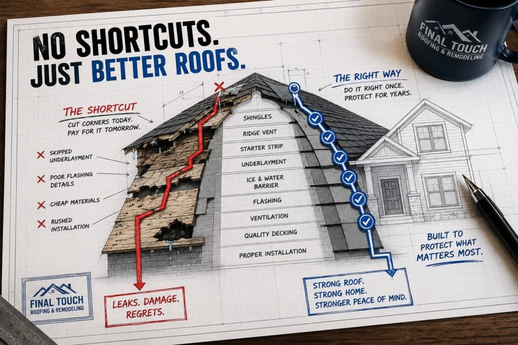 A blueprint showing the risks of the Final Touch roof shortcut versus the proper steps for a stronger, better roof replacement.